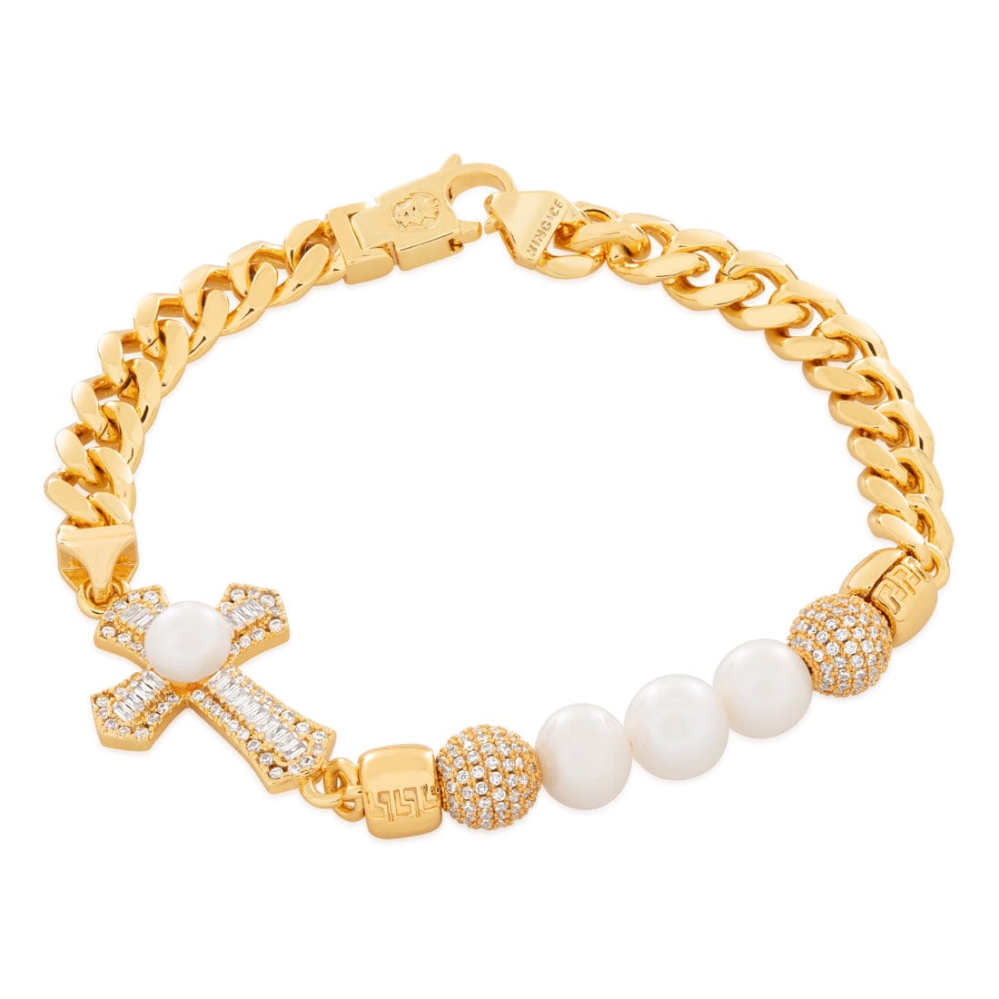 Pearl of Wisdom Cross Bracelet  in  Gold Plated / 14K Gold / 8" by King Ice