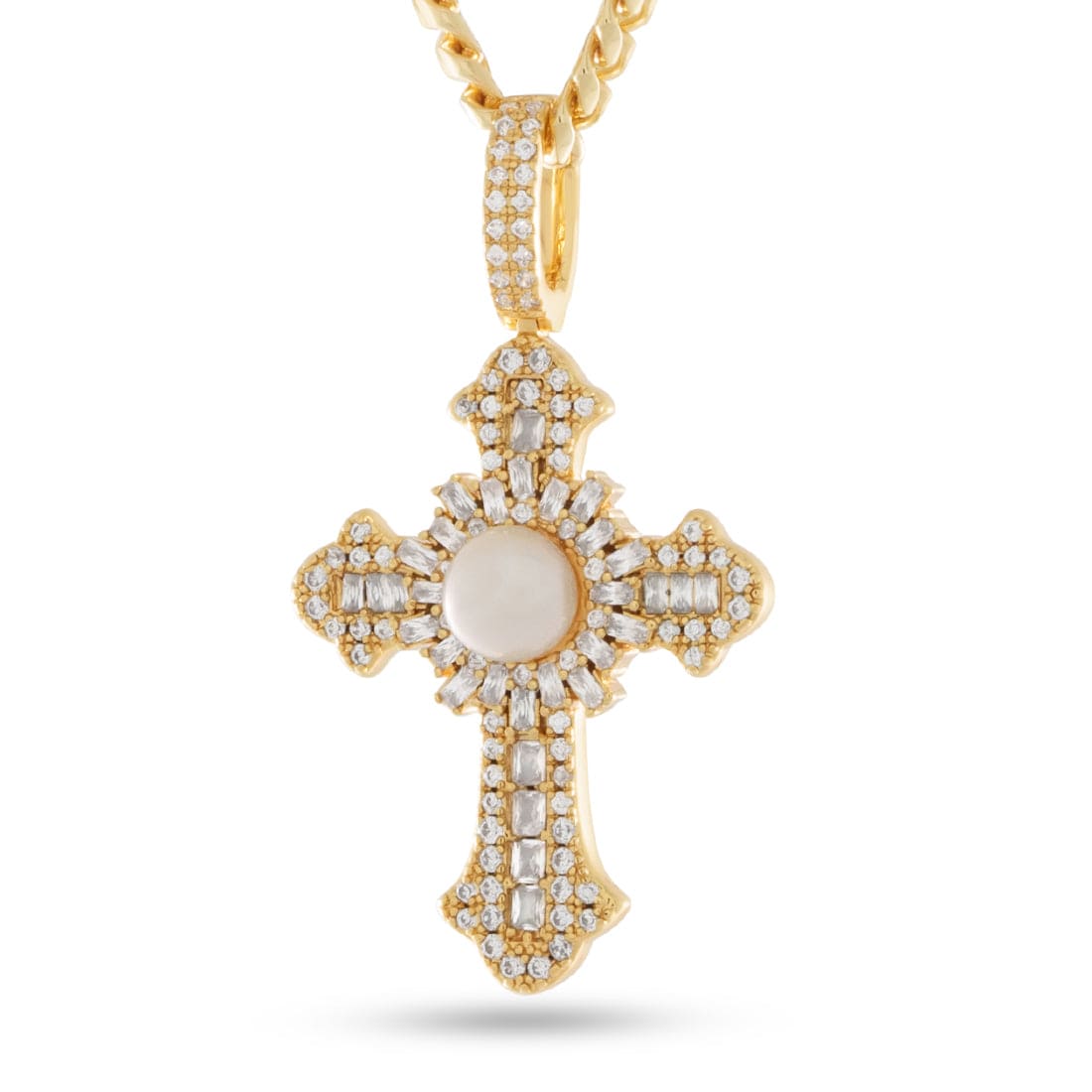 Pearl of Wisdom Cross Necklace  in  14K Gold / 1.6" by King Ice