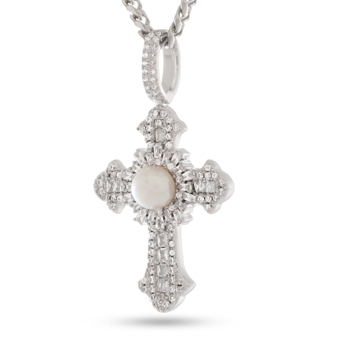 Pearl of Wisdom Cross Necklace  in  White Gold / 1.6" by King Ice