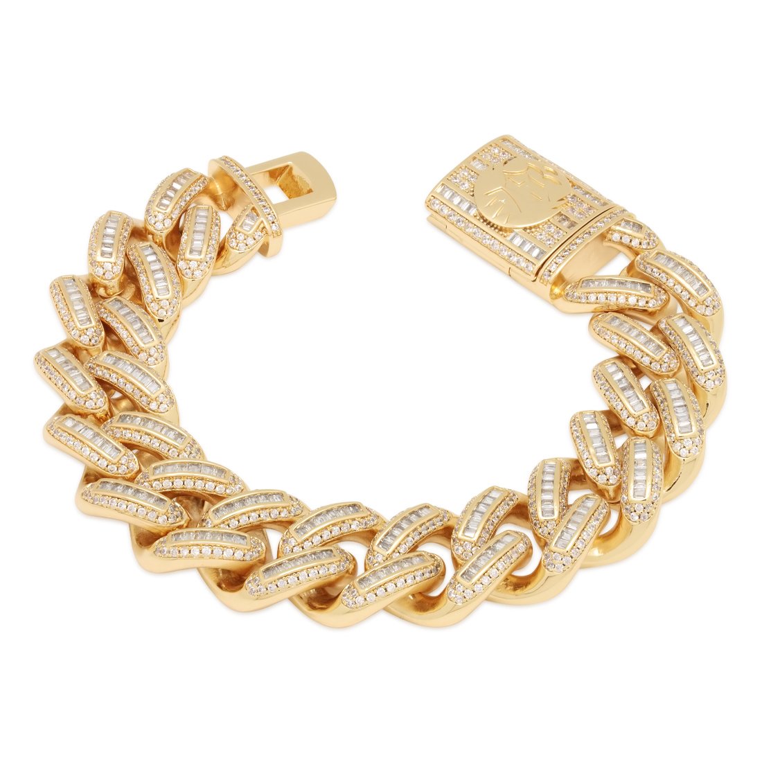 18mm Iced Baguette Miami Cuban Link Bracelet  in  14K Gold / 7" by King Ice