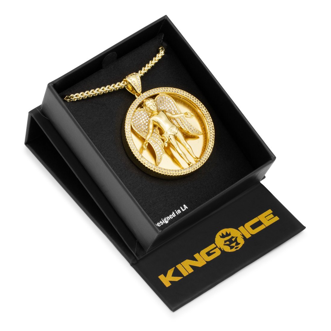 Angel Medallion Necklace  in  14K Gold / 2" by King Ice