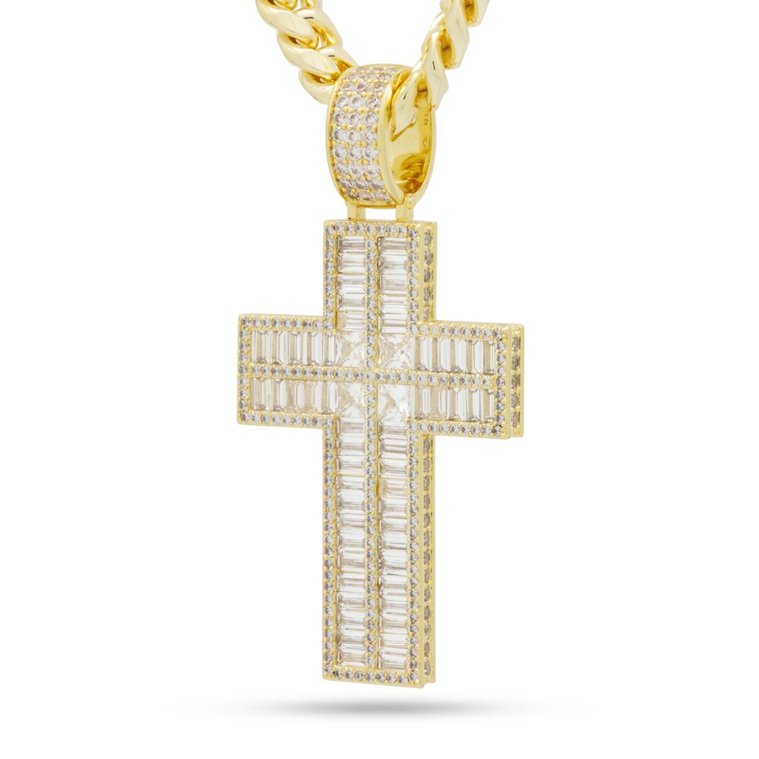 Baguette Cut Cross Necklace  in  14K Gold / 2.6" by King Ice