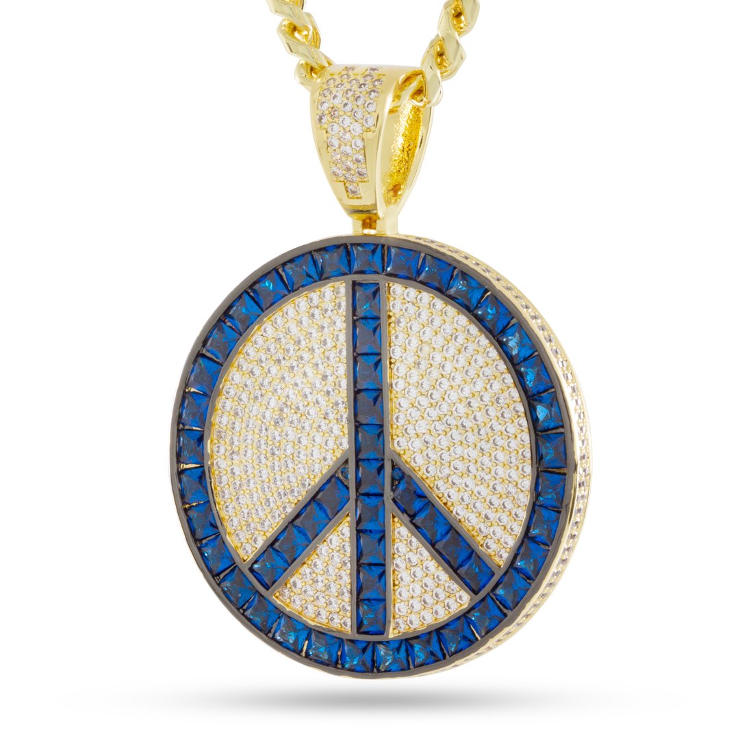 Blue Peace and Love Medallion Necklace  in  14K Gold / 2.2" by King Ice