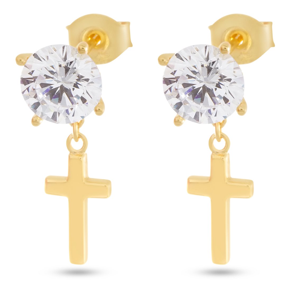 Brilliant-Cut Hanging Cross Earrings  in  Sterling Silver / 14K Vermeil / 0.8" by King Ice