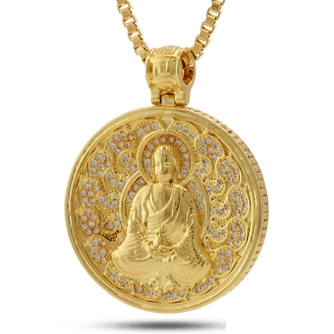 Buddhist Medallion Necklace  in  14K Gold / 1.7" by King Ice