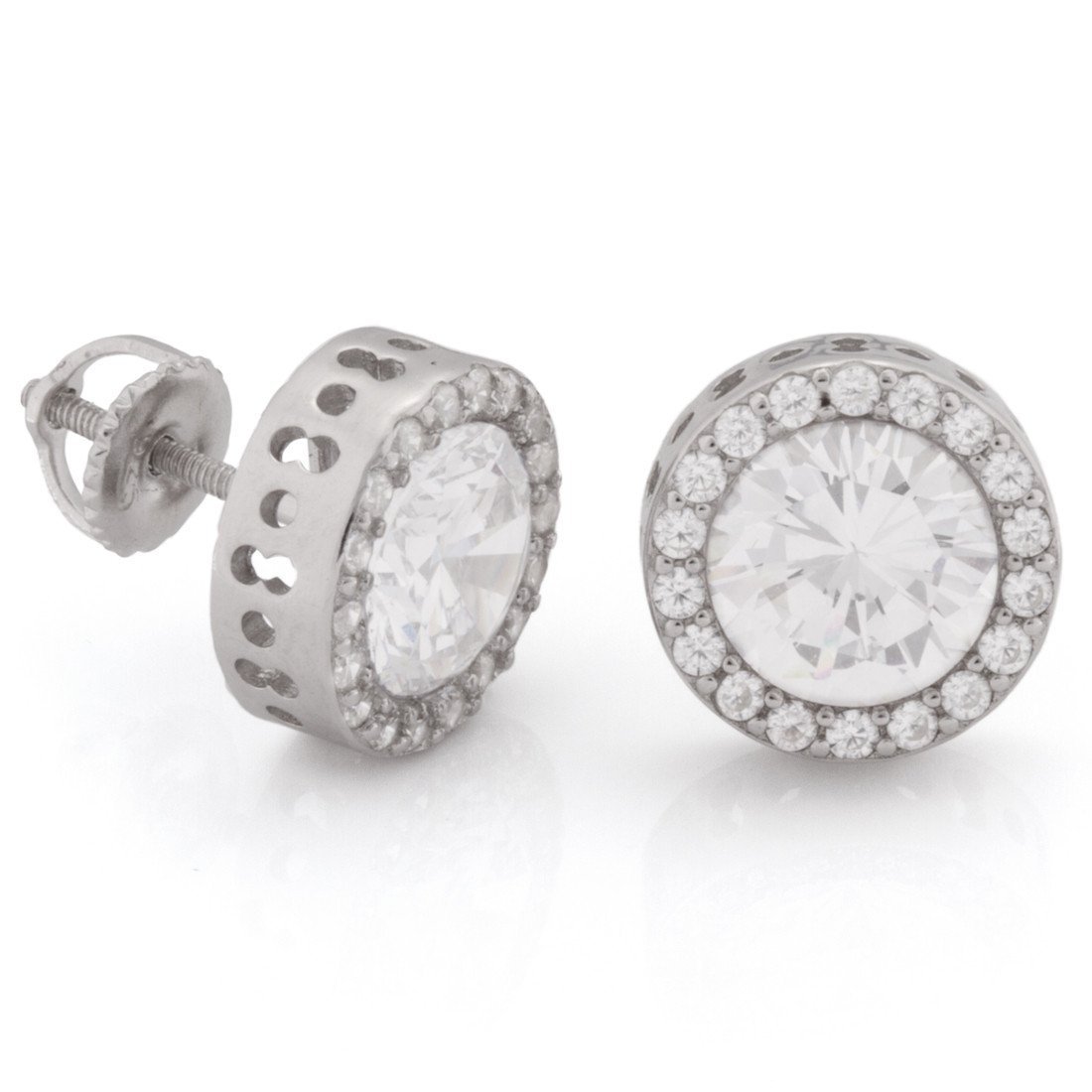 Button Stud Earrings  in  Sterling Silver / White Gold / 12mm by King Ice