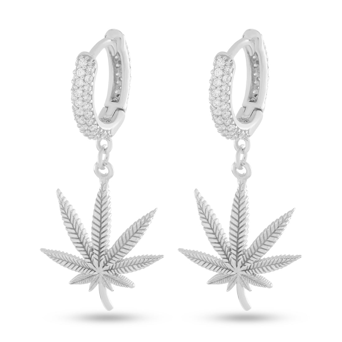 Cannabis Leaf Hanging Earrings  in  Sterling Silver / White Gold / 1.3" by King Ice