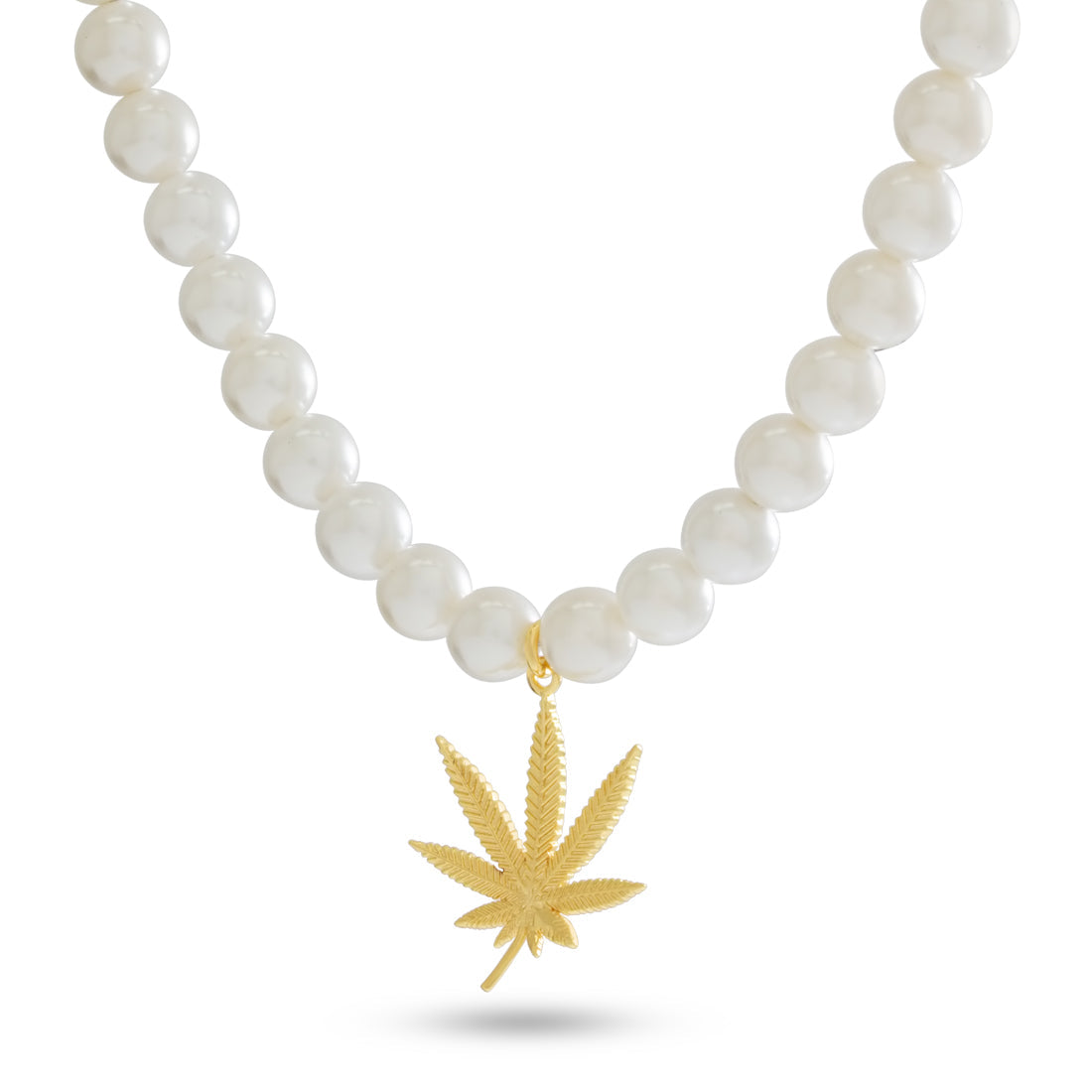 Cannabis Leaf Pearl Necklace  in  Gold Plated / 14K Gold / 1.2" by King Ice