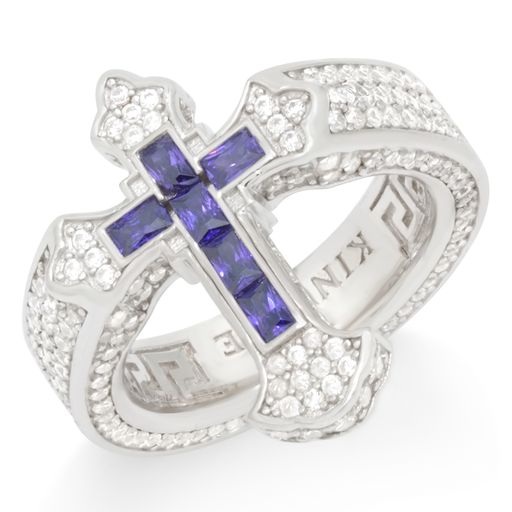 Fleur de Lis Cross Ring  in  Sterling Silver / White Gold / 7 by King Ice