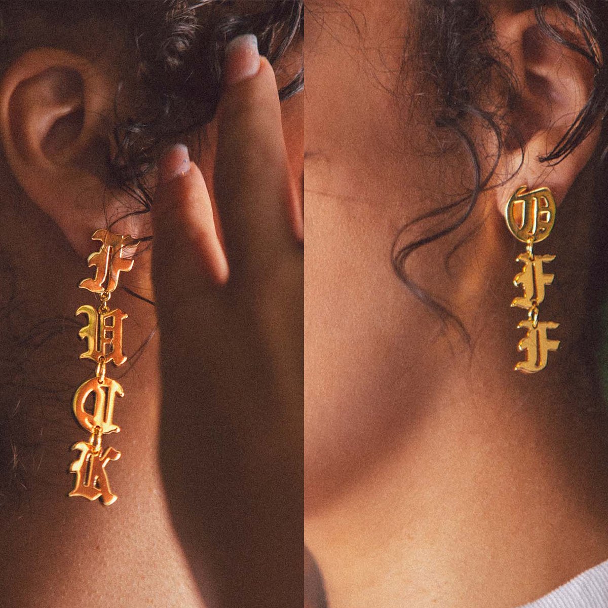 Fuck Off Hanging Earrings  in  Gold Plated / 14K Gold / 2.5" by King Ice