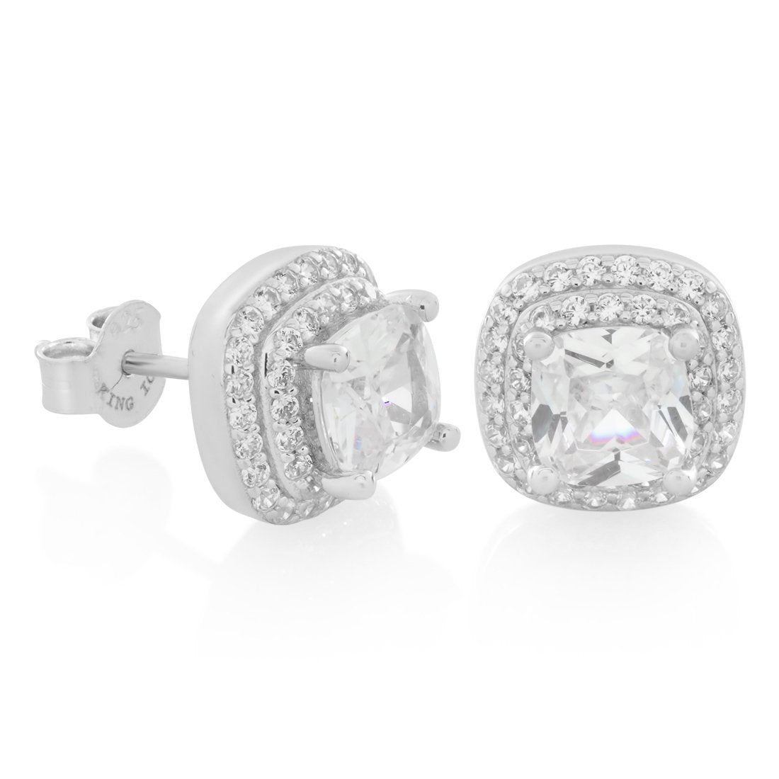 Halo Cushion-Cut Stud Earrings  in  Sterling Silver / White Gold / 10mm by King Ice