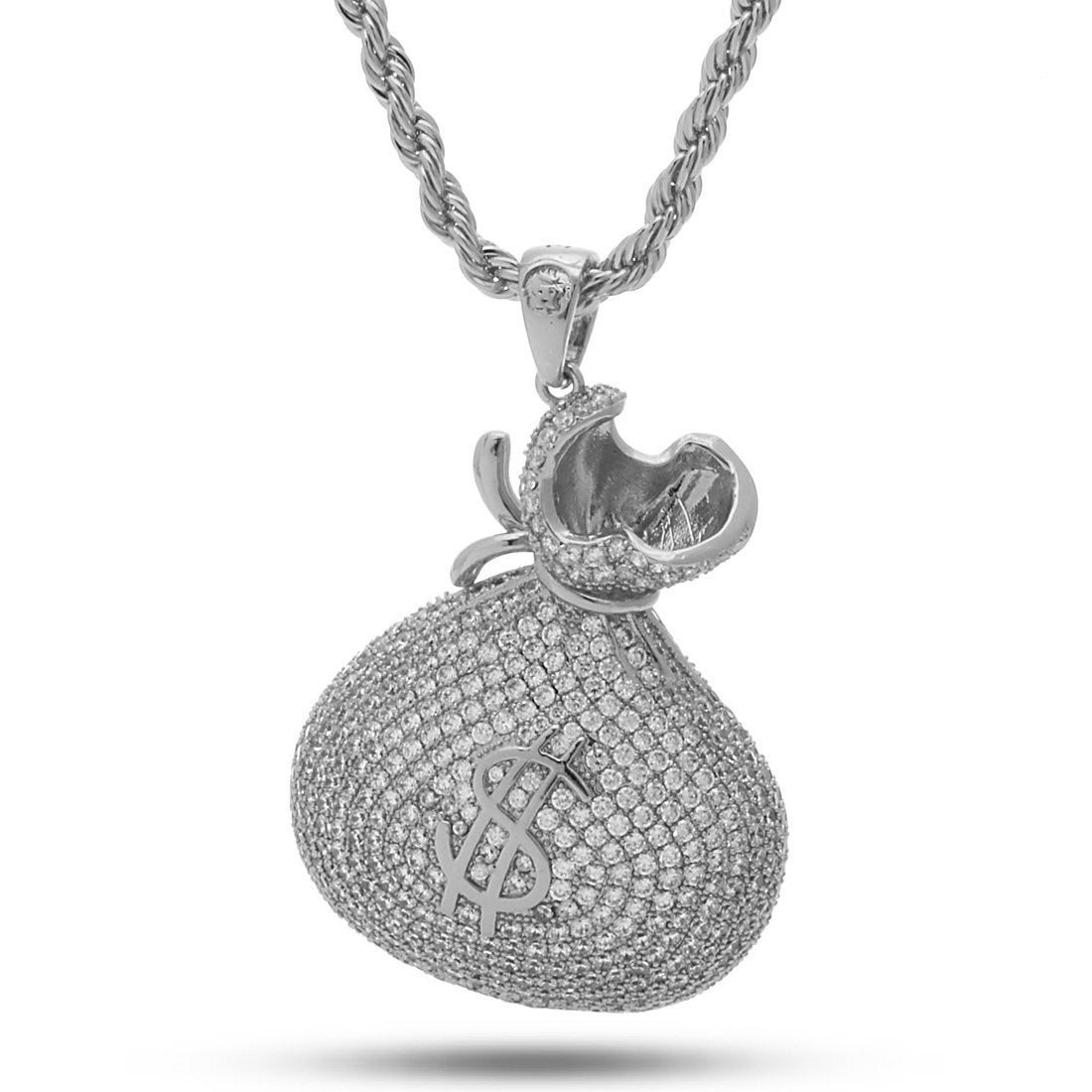 Money Bag Stash Necklace  in  White Gold / 2.3" by King Ice