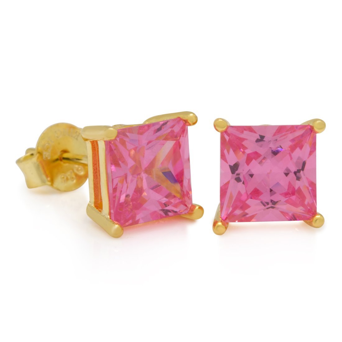 Pink Princess-Cut Stud Earrings  in  Sterling Silver / 14K Vermeil / 7mm by King Ice