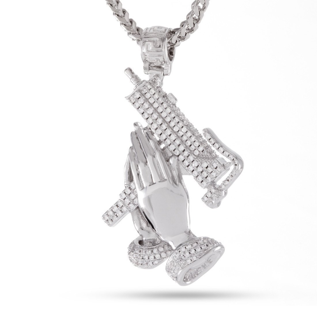 Praying Hands of Defense Necklace  in  White Gold / 1.9" by King Ice