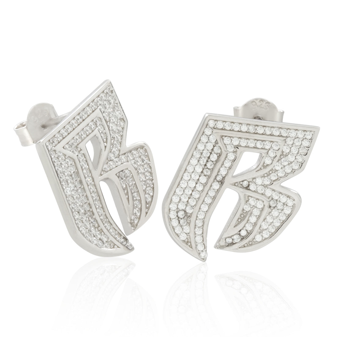 Ruff Ryders x King Ice - Stud Logo Earrings  in  Sterling Silver / White Gold / 14mm by King Ice