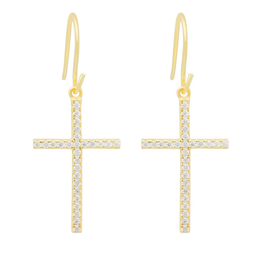 Thin Hanging Cross Earrings  in  Sterling Silver / 14K Vermeil / 1" by King Ice